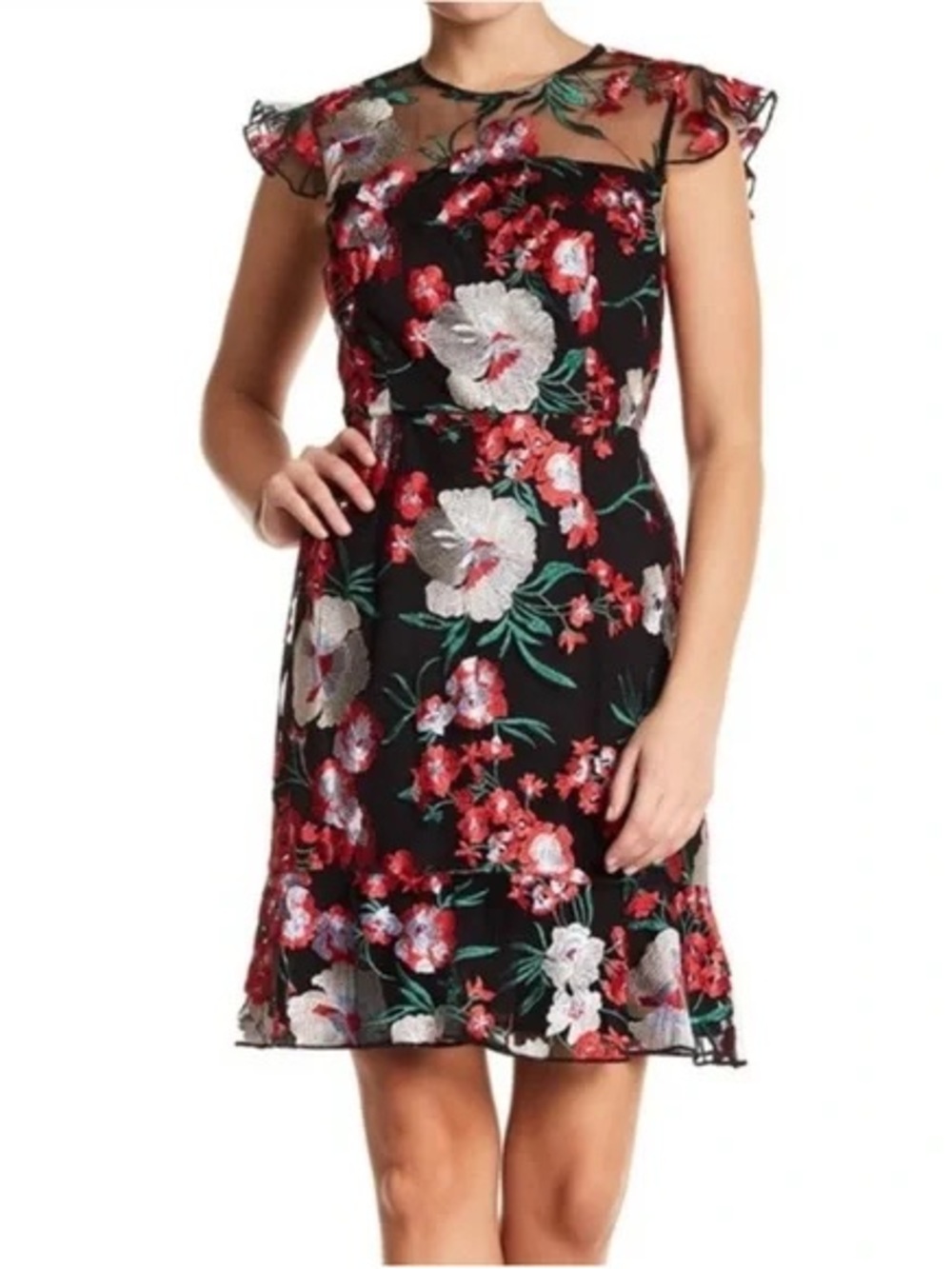 Donna Morgan Black Floral Embroidered Mesh Yoke Midi Dress